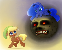 Size: 2800x2300 | Tagged: safe, artist:exceru-karina, princess luna, quarter hearts, g4, :3, >:3, cute, high res, link, lunabetes, moon, nintendo, ponified, quarterbetes, rupee, tangible heavenly object, termina's moon, the legend of zelda, the legend of zelda: majora's mask