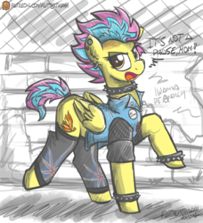Size: 1000x1097 | Tagged: safe, artist:flutterthrash, spitfire, g4, bracelet, choker, clothes, commission, dialogue, dyed mane, fishnet stockings, it's a phase, it's not a phase, jacket, jewelry, leg warmers, patreon, patreon logo, punk, punkfire, solo, spiked choker, spiked wristband