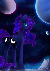 Size: 3000x4245 | Tagged: safe, artist:magnaluna, princess luna, alicorn, pony, g4, both cutie marks, butt, female, looking at you, mare, moonbutt, planet, plot, rear view, solo, space