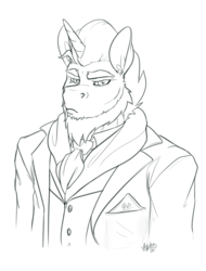 Size: 1055x1386 | Tagged: safe, artist:skuttz, oc, oc only, oc:golden decree, unicorn, anthro, beard, bust, clothes, commission, dad, dilf, eyebrows, facial hair, fancy, looking at you, male, monochrome, necktie, solo, stallion, stoic, suit, vest