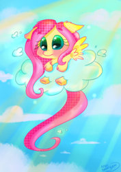 Size: 2893x4092 | Tagged: safe, artist:nsyubakastudio, fluttershy, g4, cloud, crepuscular rays, female, floppy ears, fluffy, sky, solo, spread wings, stuck