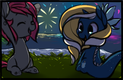 Size: 1442x935 | Tagged: safe, artist:starshinebeast, oc, oc only, oc:glitch desire, oc:tidal charm, changeling, original species, brexit, changeling oc, colt, female, filly, fireworks, foal, male, pink changeling, seaunicorn, white cliffs of dover