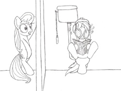 Size: 1600x1200 | Tagged: safe, artist:datspaniard, dj pon-3, octavia melody, vinyl scratch, g4, bathroom denial, but why, covering crotch, desperation, implied pooping, monochrome, need to pee, omorashi, potty dance, potty emergency, potty time, sitting on toilet, this will end in diapers, toilet, traditional art, trotting in place