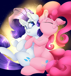 Size: 3250x3500 | Tagged: safe, artist:madacon, pinkie pie, rarity, earth pony, pony, unicorn, g4, cute, diapinkes, duo, duo female, eyes closed, female, high res, hug, lesbian, mare, raribetes, ship:raripie, shipping, sitting, snuggling, updated
