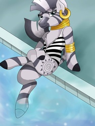 Size: 960x1280 | Tagged: safe, artist:marcushunter, zecora, zebra, g4, clothes, crossed legs, female, solo, swimming pool, swimsuit