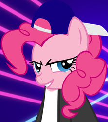 Size: 2696x3041 | Tagged: safe, artist:schoolboy-b, pinkie pie, g4, backwards ballcap, female, hat, high res, laser background, rapper pie, solo, tomboy