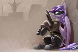 Size: 1748x1181 | Tagged: safe, artist:underpable, oc, oc only, oc:starshine bomber, pegasus, pony, fallout equestria, clothes, grenade, gun, prosthetics, sandstorm, solo, weapon