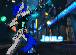 Size: 2866x2099 | Tagged: safe, artist:lining1306, artist:ralek, color edit, edit, oc, oc only, oc:sapphire sights, cyborg, pegasus, pony, apocalypse, city, clothes, colored, ear piercing, futuristic, high res, joule, looking at you, piercing, weapon