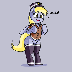 Size: 1280x1280 | Tagged: safe, artist:pabbley, derpy hooves, pony, g4, 30 minute art challenge, bipedal, clothes, cute, derpabetes, dialogue, female, mailmare, simple background, socks, solo, thigh highs