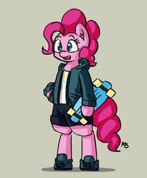 Size: 1280x1548 | Tagged: safe, artist:pabbley, pinkie pie, earth pony, pony, g4, 30 minute art challenge, bipedal, clothes, female, jacket, shirt, shoes, shorts, skateboard, solo