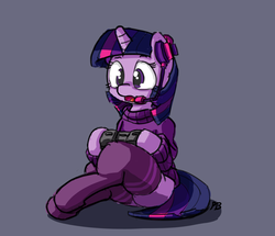 Size: 1280x1101 | Tagged: safe, artist:pabbley, twilight sparkle, alicorn, pony, semi-anthro, g4, 30 minute art challenge, clothes, controller, cute, female, gamer twi, headset, open mouth, sitting, socks, solo, stockings, sweater, twiabetes, twilight sparkle (alicorn)