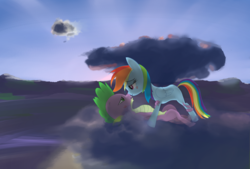 Size: 2039x1378 | Tagged: safe, artist:steadfast hoof, rainbow dash, spike, g4, daily doodle spikedash prompt, dawn, female, male, missing cutie mark, ship:rainbowspike, shipping, straight