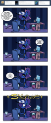 Size: 1280x3097 | Tagged: safe, artist:herny, princess luna, trixie, pony, unicorn, luna-afterdark, g4, ask, coffee, coffee machine, donut, eating, female, food, hat, implied princess celestia, magic, mare, snoring, telekinesis, tumblr