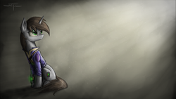 Size: 2304x1296 | Tagged: safe, artist:setharu, oc, oc only, oc:littlepip, pony, unicorn, fallout equestria, clothes, cutie mark, ear fluff, fanfic, fanfic art, female, frown, hooves, horn, jumpsuit, looking up, mare, pipbuck, sad, signature, sitting, solo, vault suit