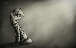 Size: 2058x1296 | Tagged: safe, artist:setharu, oc, oc only, oc:littlepip, pony, unicorn, fallout equestria, black and white, clothes, cutie mark, ear fluff, fanfic, fanfic art, female, frown, grayscale, hooves, horn, jumpsuit, looking up, mare, monochrome, pipbuck, sad, signature, sitting, sketch, solo, vault suit