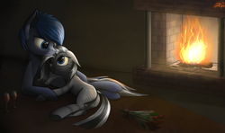 Size: 2437x1440 | Tagged: safe, artist:setharu, oc, oc only, earth pony, pony, zebra, cuddling, dock, female, fire, fireplace, flower, lying, male, on side, rose, snuggling, straight, wine glass