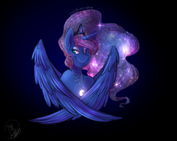 Size: 1280x1024 | Tagged: safe, artist:trishabeakens, princess luna, anthro, g4, bust, colored pupils, female, folded wings, galaxy mane, jewelry, looking at you, necklace, smiling, solo