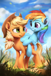 Size: 800x1200 | Tagged: safe, artist:assasinmonkey, part of a set, applejack, rainbow dash, earth pony, pegasus, pony, g4, applejack's hat, ashleigh ball, cowboy hat, crossed hooves, cute, dashabetes, duo, duo female, eye contact, female, freckles, hat, jackabetes, looking at each other, looking at someone, mare, open mouth, outdoors, raised hoof, smiling, stetson, wings