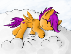 Size: 2000x1500 | Tagged: safe, artist:minosua, scootaloo, g4, cloud, cute, cutealoo, cutie mark, female, fluffy, sleeping, smiling, solo, spread wings, the cmc's cutie marks