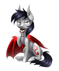 Size: 2438x2965 | Tagged: safe, artist:scarlet-spectrum, oc, oc only, oc:scarlet spectrum, bat pony, pony, candy, chocolate, cute, eating, hershey bar, high res, simple background, solo, transparent background