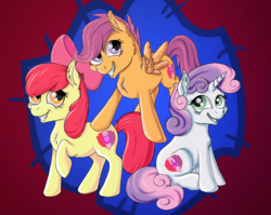 Size: 903x720 | Tagged: safe, artist:ambergerr, apple bloom, scootaloo, sweetie belle, g4, cutie mark, cutie mark crusaders, smiling, the cmc's cutie marks