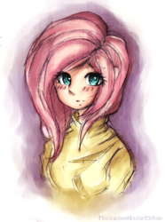 Size: 1178x1585 | Tagged: safe, artist:missyandere, fluttershy, human, g4, clothes, colored pupils, female, heart eyes, humanized, solo, sweater, sweatershy, wingding eyes