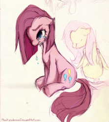 Size: 2095x2358 | Tagged: safe, artist:missyandere, fluttershy, pinkie pie, earth pony, pegasus, pony, g4, crying, high res, pinkamena diane pie, sad, sad pony, signature, simple background, sitting, tears of sadness, wings