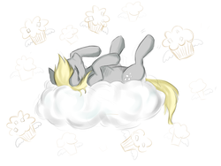 Size: 1024x768 | Tagged: safe, artist:missyandere, derpy hooves, pegasus, pony, g4, cloud, eyes closed, female, food, muffin, on back, sleeping, solo