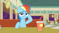 Size: 1920x1076 | Tagged: safe, screencap, honey curls, mare e. lynn, rainbow dash, pegasus, pony, g4, the saddle row review, cute, dashabetes, female, lidded eyes, looking at you, mare, sitting, smiling, solo