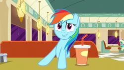 Size: 1920x1080 | Tagged: safe, screencap, honey curls, mare e. lynn, rainbow dash, pegasus, pony, g4, the saddle row review, cute, dashabetes, drink, female, mare, sitting, smiling, solo