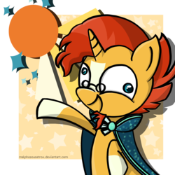 Size: 2400x2400 | Tagged: safe, artist:malphee, sunburst, g4, bipedal, derp, happy, high res, male, raised hoof, simple background, smiling, solo, sun, transparent background