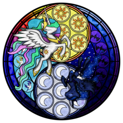 Size: 3600x3600 | Tagged: safe, artist:akili-amethyst, princess celestia, princess luna, alicorn, pony, g4, disney, dive to the heart, kingdom hearts, royal sisters, siblings, sisters, stained glass