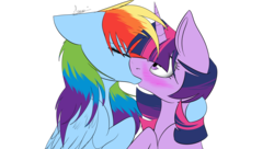 Size: 1980x1080 | Tagged: safe, artist:twilighttchan, rainbow dash, twilight sparkle, pegasus, pony, g4, blushing, duo, eyes closed, female, kiss on the lips, kissing, lesbian, mare, ship:twidash, shipping, simple background, white background