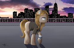 Size: 2768x1816 | Tagged: safe, artist:ashleyjaneworld, oc, oc only, earth pony, pony, bandaid, city, clothes, ear fluff, earbuds, ipod, mp3 player, raised leg, shirt, solo, t-shirt, watch