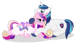 Size: 2000x1189 | Tagged: safe, artist:agent-pits, princess cadance, princess flurry heart, shining armor, g4, prone