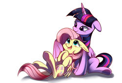 Size: 1301x890 | Tagged: safe, artist:sion-ara, fluttershy, twilight sparkle, alicorn, pony, g4, duo, female, floppy ears, hug, lesbian, lying down, mare, on back, open mouth, ship:twishy, shipping, simple background, smiling, twilight sparkle (alicorn), underhoof, winghug