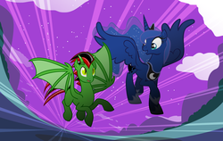 Size: 4696x2976 | Tagged: safe, artist:trotsworth, princess luna, oc, oc:drake, g4, flying