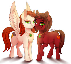 Size: 2200x2000 | Tagged: safe, artist:evehly, oc, oc only, pegasus, pony, unicorn, commission, high res, jewelry, necklace, tsundere