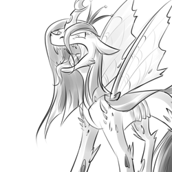 Size: 750x750 | Tagged: safe, artist:cosmalumi, queen chrysalis, changeling, changeling queen, g4, female, monochrome, open mouth, solo, tongue out