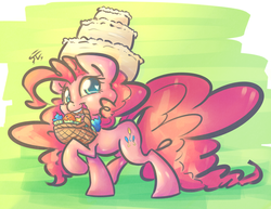 Size: 1280x989 | Tagged: safe, artist:leadhooves, pinkie pie, g4, basket, cake, cupcake, female, food, mouth hold, solo