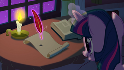Size: 1920x1080 | Tagged: safe, screencap, twilight sparkle, pony, g4, owl's well that ends well, book, candle, feather, female, golden oaks library, magic, mare, night, quill, scroll, solo, telekinesis, writing