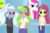 Size: 1805x1184 | Tagged: safe, artist:bootsyslickmane, lemon zest, sour sweet, sugarcoat, oc, sea pony, fanfic:the shadowbolts adventures, equestria girls, g4, my little pony equestria girls: friendship games, alternate clothes, button, cardigan, clothes, easter egg, fanfic, fanfic art, freckles, glasses, headphones, pants, pigtails, pleated skirt, ponytail, poster, skirt, smiling, tank top, trio, worried