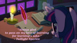 Size: 960x540 | Tagged: safe, edit, screencap, twilight sparkle, g4, owl's well that ends well, book, candle, caption, feather, female, golden oaks library, magic, motivational, night, quill, quote, scroll, solo, telekinesis, text, writing
