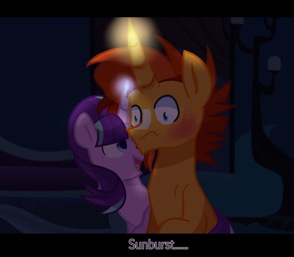 1187257 - safe, artist:yaco, starlight glimmer, sunburst, pony, unicorn,  g4, blushing, duo, duo male and female, female, glowing horn, horn,  imminent kissing, male, mare, nervous, ship:starburst, shipping, stallion,  straight, tail hug -