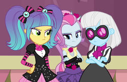 Size: 582x376 | Tagged: safe, screencap, photo finish, pixel pizazz, violet blurr, equestria girls, g4, my little pony equestria girls: rainbow rocks, the snapshots