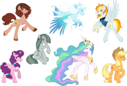 Size: 1024x700 | Tagged: safe, artist:tinuleaf, applejack, marble pie, princess celestia, sugar belle, oc, oc:airburst, oc:crystalline, oc:smiley sketch, g4, blushing, raised hoof, simple background, transparent background, wink