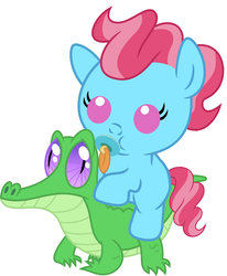 Size: 836x1017 | Tagged: safe, artist:red4567, cup cake, gummy, earth pony, pony, g4, baby, baby pony, cute, pacifier, ponies riding gators, riding, weapons-grade cute