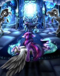 Size: 1200x1500 | Tagged: safe, artist:silverlunarscape, nightmare moon, princess celestia, twilight sparkle, g4, butt, epic, eyes closed, floppy ears, plot, protecting, spread wings, stained glass, statue, throne, throne room, unconscious, watermark