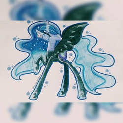 Size: 1337x1337 | Tagged: safe, artist:rocker-rainbow, nightmare moon, princess luna, g4, crying, eyes closed, female, gritted teeth, raised hoof, simple background, solo, spread wings, traditional art, white background