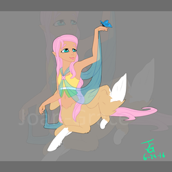 Size: 1700x1700 | Tagged: safe, artist:joan-grace, fluttershy, butterfly, centaur, g4, armpits, belly button, centaurshy, clothes, female, midriff, palomino, prone, solo, tank top, watermark, zoom layer